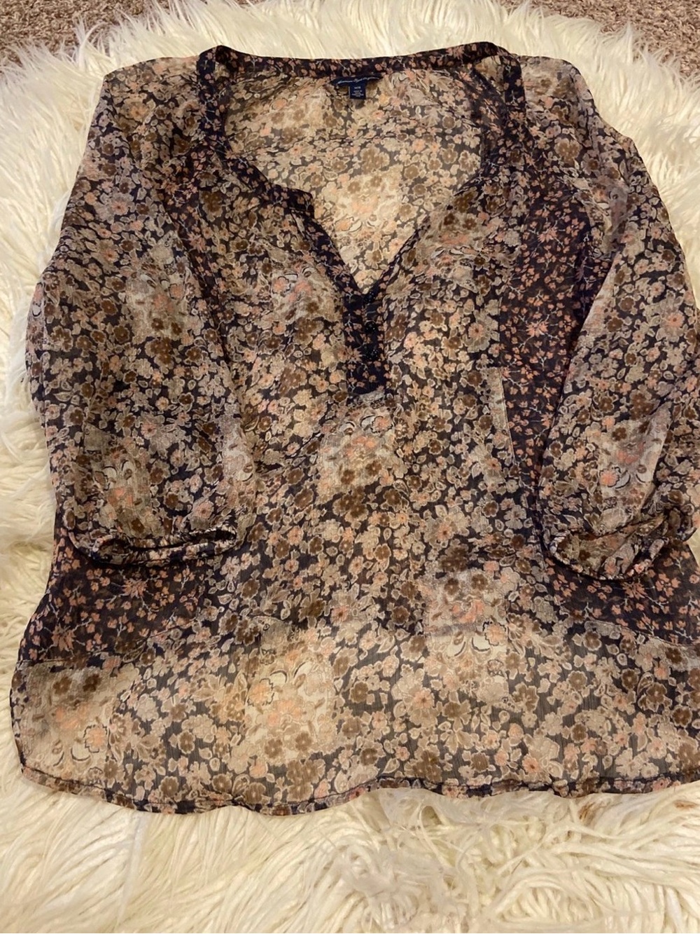 American Eagle Outfitters Brown Floral Sheer V-Neck Blouse vintage boho